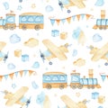 Watercolor seamless pattern with boys toys train airplane cubes clouds