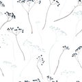 Watercolor seamless pattern of branches with dark blue little berries for beautiful design on white isolated background Royalty Free Stock Photo