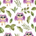 Watercolor seamless pattern with branches, purple owl, leaves.