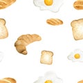 Watercolor seamless pattern bread and fried egg