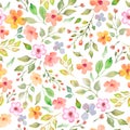 Watercolor seamless pattern with bright colorful flowers, branches, leaves. Hand drawing floral background. Royalty Free Stock Photo
