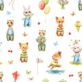 Watercolor seamless pattern with bright cute baby animals in clothes and various items