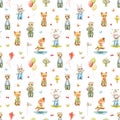 Watercolor seamless pattern with bright cute baby animals in clothes and various items Royalty Free Stock Photo