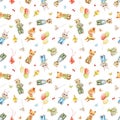 Watercolor seamless pattern with bright cute baby animals in clothes and various items