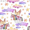 Watercolor seamless pattern with bright rainbow clouds, moon and stars on white background.