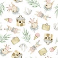 Watercolor seamless pattern with bunnies toy suitcase eucalyptus icecream