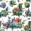 Watercolor seamless pattern with cactuses and red, yellow flowers. Hand painted cereus, succulent, berries, branch and Royalty Free Stock Photo