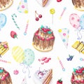 Watercolor seamless pattern with cake, balloon, candies and fru