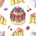 Watercolor seamless pattern with cake and fruits