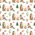 Watercolor seamless pattern camping with beaver and hedgehog by the fire with marshmallows on sticks on white background