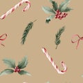 Watercolor seamless pattern with candy canes, holly, pine branches and red ribbon bow on beige background. Christmas Royalty Free Stock Photo