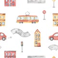 Watercolor seamless pattern with car, tram, building, houses, road sign, road, traffic lights, for children, boys