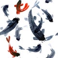 Watercolor seamless pattern with carp fishes