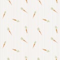 Watercolor seamless pattern with carrots and beige stripes. Rustic hand-painted vegetable design perfect for kitchen decor Royalty Free Stock Photo