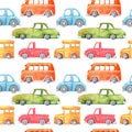 Watercolor seamless pattern with cartoon car. Funny cartoon image. Travel conception. Hand painted retro car pattern.