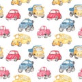 Watercolor seamless pattern cartoon cars Royalty Free Stock Photo