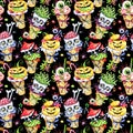 Watercolor seamless pattern, cartoon cones with skulls, pumpkins, eyes and amanitas. Halloween holiday illustration