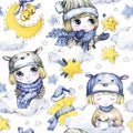 Watercolor seamless pattern with cartoon cute children, moon, magic stars and clouds. New Year. Celebration illustration