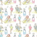 Watercolor seamless pattern with cartoon elderly people