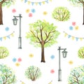 Watercolor seamless pattern with cartoon flowers, trees, bushes, garland and streetlight in park