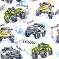 Watercolor seamless pattern Cartoon Monster Trucks. Colorful Extreme Sports background. 4x4. Vehicle SUV Off Road