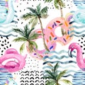 Water color flamingo pool float, donut lilo floating on 80s 90s background.