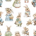 Watercolor seamless pattern with cartoon rabbits and vintage Easter objects Royalty Free Stock Photo
