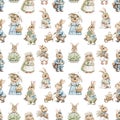 Watercolor seamless pattern with cartoon rabbits and vintage Easter objects Royalty Free Stock Photo