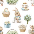 Watercolor seamless pattern with cartoon rabbits, vintage Easter objects and flowers Royalty Free Stock Photo