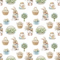 Watercolor seamless pattern with cartoon rabbits, vintage Easter objects and flowers Royalty Free Stock Photo