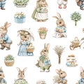 Watercolor seamless pattern with cartoon rabbits, vintage Easter objects and flowers Royalty Free Stock Photo