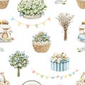 Watercolor seamless pattern with cartoon vintage Easter objects and flowers Royalty Free Stock Photo