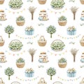 Watercolor seamless pattern with cartoon vintage Easter objects and flowers Royalty Free Stock Photo