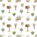 Watercolor seamless pattern with cartoon vintage Easter objects and flowers