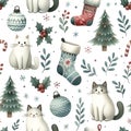 Watercolor seamless pattern with cats, Christmas trees, stockings and other elements. Ideal for wrapping paper, fabric designs and Royalty Free Stock Photo