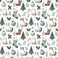 Watercolor seamless pattern with cats, Christmas trees, stockings and other elements. Ideal for wrapping paper, fabric designs and Royalty Free Stock Photo