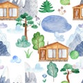 Watercolor seamless pattern with chalet house, mountains, lake, clouds, forest. Royalty Free Stock Photo