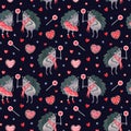 Watercolor seamless pattern with cheerful hedgehogs and sweets on dark.