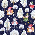 Watercolor seamless pattern with cheerful snowmen playing outdoor,