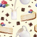 Watercolor seamless pattern cheesecake milk chocolate pieces on a color background.