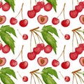 Watercolor seamless pattern, cherries, green leaves on white background. Pattern for paper, fabric, food products etc.