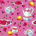 Watercolor seamless pattern with cherrys, teacup, lemon, sugar bowl and teapot