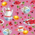 Watercolor seamless pattern with cherrys, teacup, lemon, sugar bowl and teapot Royalty Free Stock Photo