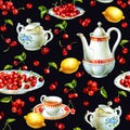 Watercolor seamless pattern with cherrys, teacup, lemon, sugar bowl and teapot Royalty Free Stock Photo