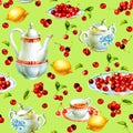 Watercolor seamless pattern with cherrys, teacup, lemon, sugar bowl and teapot