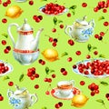 Watercolor seamless pattern with cherrys, teacup, lemon, sugar bowl and teapot Royalty Free Stock Photo