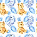 watercolor seamless pattern of child theme with a teddy bear, sitting toy blue bunny, different air balloons, blue and