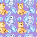 watercolor seamless pattern of child theme with a teddy bear, sitting toy blue bunny, different air balloons, blue and