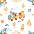 Watercolor seamless pattern with childrenÃ¢â¬â¢s wooden toys on a white background