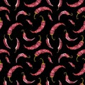 Watercolor seamless pattern with chili pepper pods. Watercolor illustration on black background.